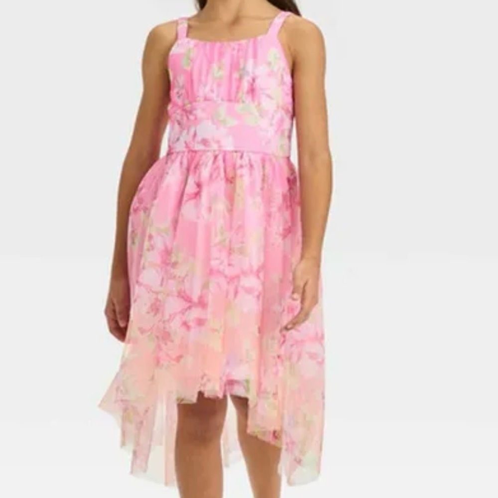 Zenzi Pink Floral Tulle High Low Sleeveless Dress | Size S (6-7)